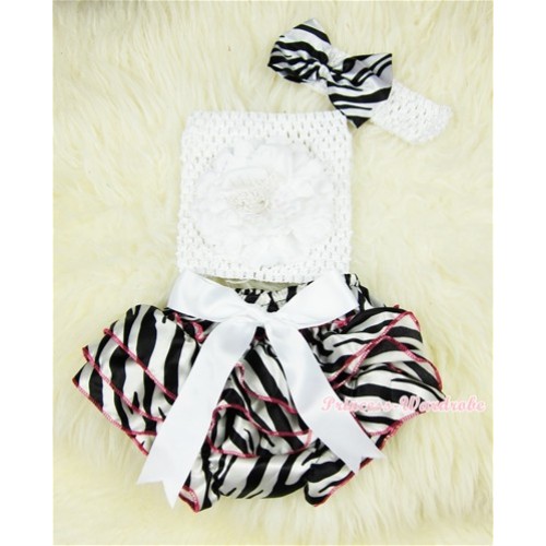Zebra Patterns Layer Panties Bloomers with White Peony White Crochet Tube Top Zebra Print Bow White Headband 3PC Set CT359 