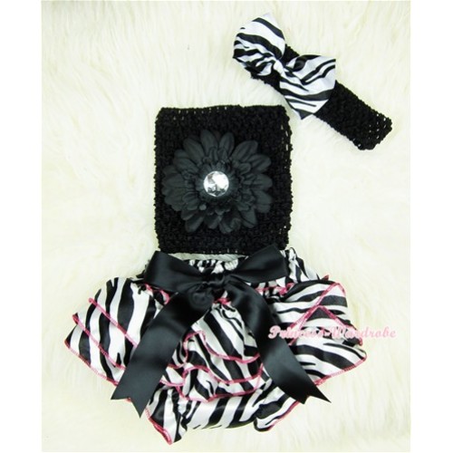 Zebra Patterns Layer Panties Bloomers with Black Flower Black Crochet Tube Top Zebra Print Bow Black Headband 3PC Set CT358 