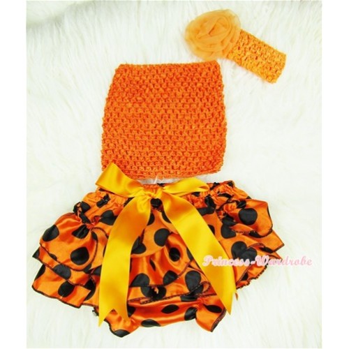 Orange Black Polka Dots Layer Panties Bloomers with Orange Crochet Tube Top and Orange Rose Orange Headband 3PC Set CT360 