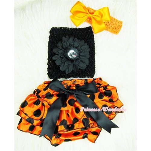 Orange Black Polka Dots Layer Panties Bloomers with Black Flower Black Crochet Tube Top and Orange Bow Orange Headband 3PC Set CT361 