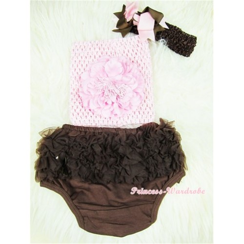 Brown Layer Panties Bloomers Brown with Light Pink Peony Light Pink Crochet Tube Top and Brown Light Pink Bow Brown Headband 3PC Set CT364 