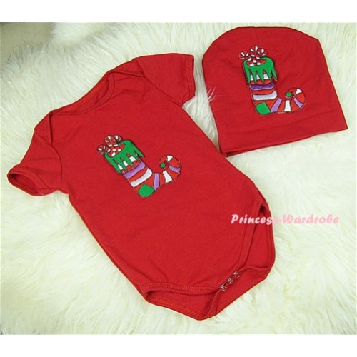 Red Baby Jumpsuit with Christmas Stocking Print with Cap Set JP08 