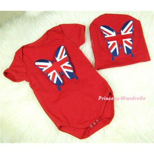 Red Baby Jumpsuit with Patriotic British Flag Butterfly Print with Cap Set JP12 