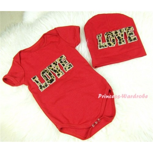 Red Baby Jumpsuit with Leopard Love Print with Cap Set JP14 