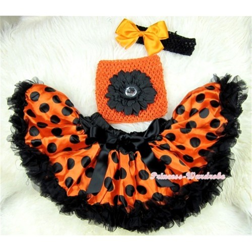 Orange Black Polka Dots Baby Pettiskirt,Black Flower Hot Pink Crochet Tube Top, Black Headband Orange Bow3PC Set CT397 