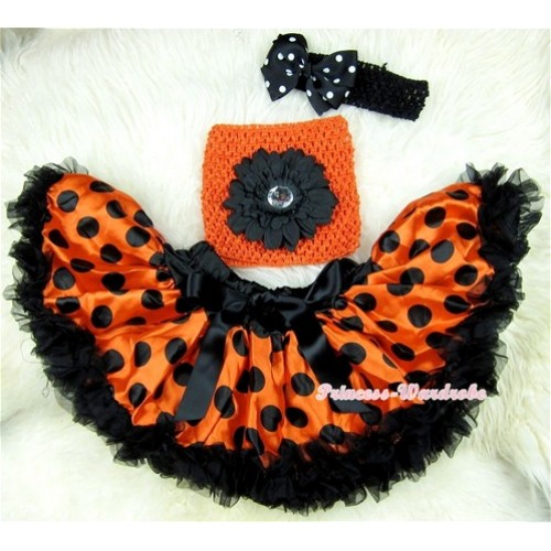 Orange Black Polka Dots Baby Pettiskirt,Black Flower Hot Pink Crochet Tube Top, Black Headband Black White Polka Dots Bow3PC Set CT398 