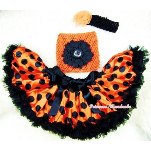 Orange Black Polka Dots Baby Pettiskirt,Black Flower Hot Pink Crochet Tube Top, Black Headband Orange Rose 3PC Set CT399 
