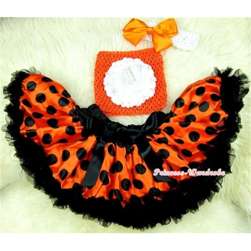 Orange Black Polka Dots Baby Pettiskirt,White Peony Hot Pink Crochet Tube Top,White Headband Orange Bow 3PC Set CT400 