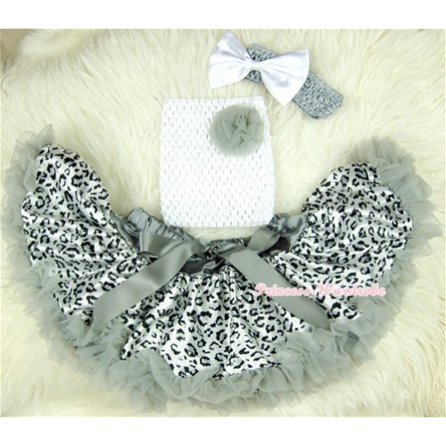 Grey Leopard Baby Pettiskirt,Grey Rose White Crochet Tube Top, Grey Headband White Bow 3PC Set CT405 