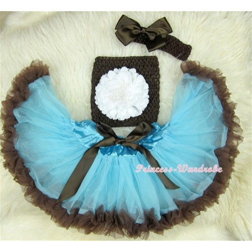 Light Blue Brown Mixed Baby Pettiskirt,White Peony Brown Crochet Tube Top, Brown Headband Brown Bow 3PC Set CT410 