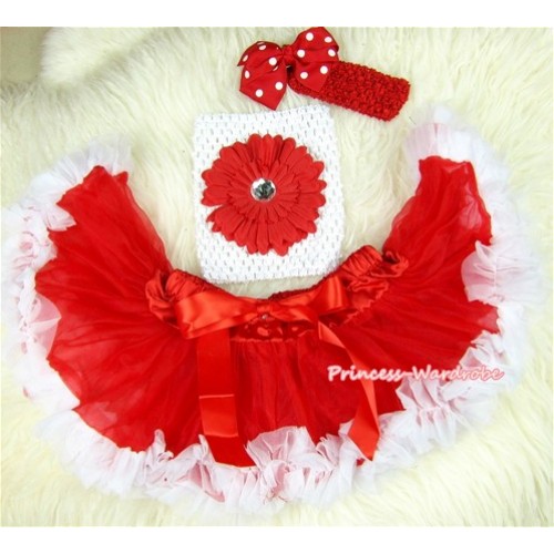 Red White Mixed Baby Pettiskirt, Red Flower White Crochet Tube Top,Red Headband Minnie Dots Bow 3PC Set CT419 