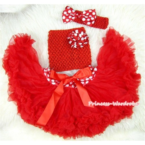 Minnie Waist Red Baby Pettiskirt, Minnie Dots Rose Red Crochet Tube Top,Red Headband Minnie Dots Bow 3PC Set CT421 