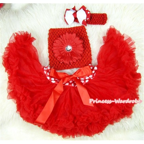 Minnie Waist Red Baby Pettiskirt, Red Flower Red Crochet Tube Top,Red Headband Minnie Dots White Bow 3PC Set CT422 