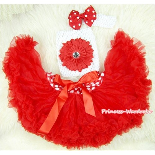 Minnie Waist Red Baby Pettiskirt, Red Flower White Crochet Tube Top,White Headband Minnie Dots Bow 3PC Set CT423 