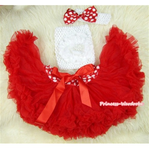 Minnie Waist Red Baby Pettiskirt,White Peony White Crochet Tube Top,White Headband Minnie Dots Bow 3PC Set CT424 