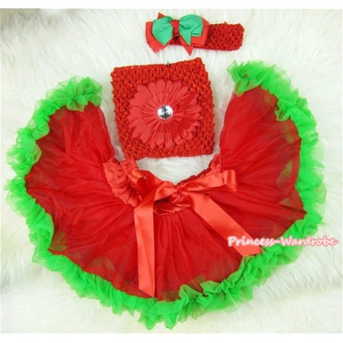 Red Green Mixed Baby Pettiskirt,Red Flower Red Crochet Tube Top,Red Headband Red Green Bow 3PC Set CT429 