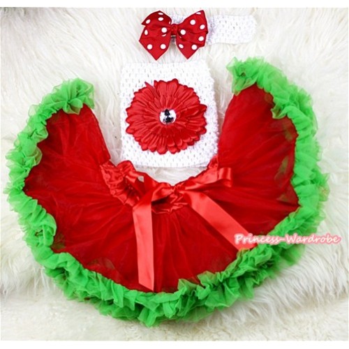 Red Green Mixed Baby Pettiskirt,Red Flower White Crochet Tube Top,White Headband Minnie Dots Bow 3PC Set CT432 