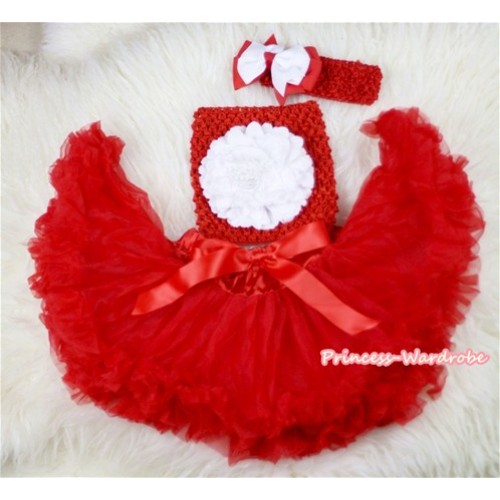 Red Baby Pettiskirt,White Peony Red Crochet Tube Top,Red Headband Red White Bow 3PC Set CT435 