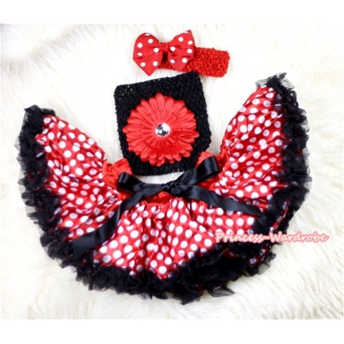 Minnie Polka Dots Baby Pettiskirt,Red Flower Black Crochet Tube Top,Red Headband Minnie Dots Bow 3PC Set CT439 