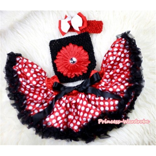 Minnie Polka Dots Baby Pettiskirt,Red Flower Black Crochet Tube Top,Red Headband Red White Bow 3PC Set CT440 