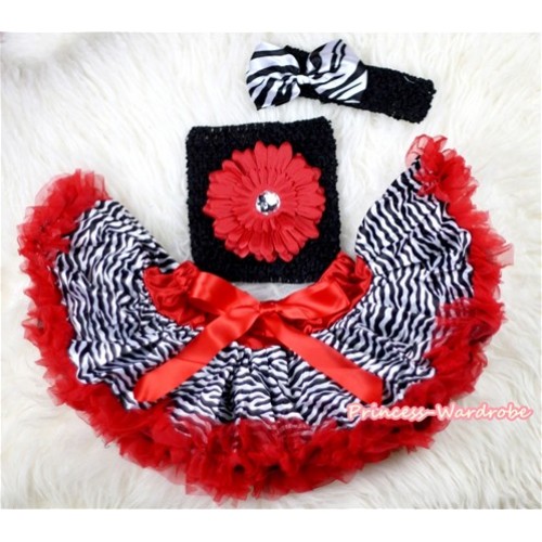 Red Zebra Baby Pettiskirt,Red Flower Black Crochet Tube Top,Black Headband Zebra Print Bow 3PC Set CT441 