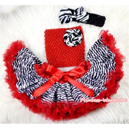 Red Zebra Baby Pettiskirt,Red Flower Red Crochet Tube Top,Black Headband Red White Bow 3PC Set CT444 