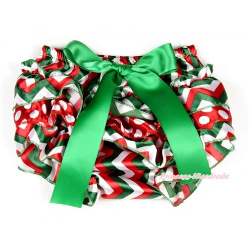 Xmas Red White Green Wave Mix Minnie Dots Satin Layer Panties Bloomers With Kelly Green Bow BC184 