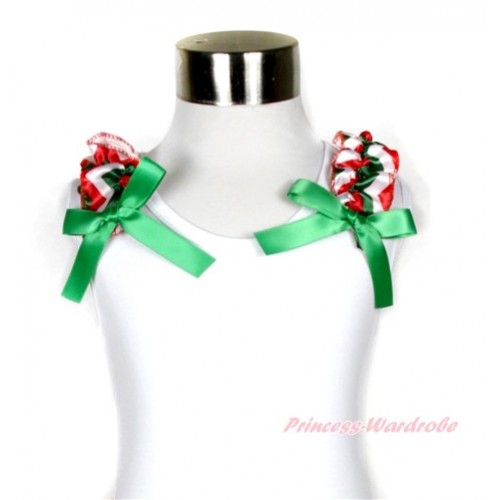 Xmas White Tank Top with Red White Green Wave Ruffles and Kelly Green Bow TB521 
