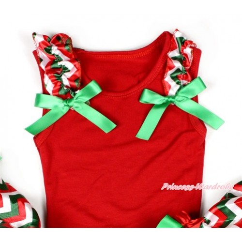 Xmas Red Tank Top with Red White Green Wave Ruffles and Kelly Green Bow T541 