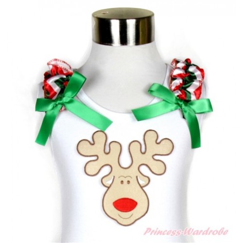 Xmas White Tank Top With Christmas Reindeer Print With Red White Green Wave Ruffles & Kelly Green Bow TB522 