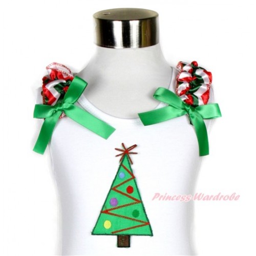 Xmas White Tank Top With Christmas Tree Print With Red White Green Wave Ruffles & Kelly Green Bow TB524 