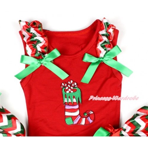 Xmas Red Tank Top With Christmas Stocking Print with Red White Green Wave Ruffles & Kelly Green Bow T537 