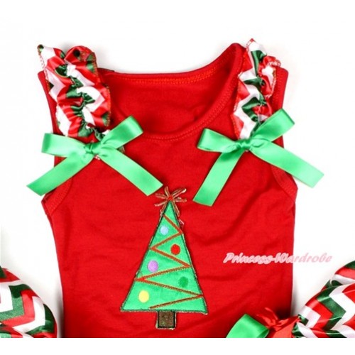 Xmas Red Tank Top With Christmas Tree Print with Red White Green Wave Ruffles & Kelly Green Bow T538 