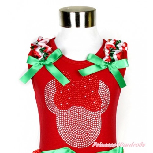 Xmas Red Tank Top With Sparkle Crystal Bling Red Minnie Print with Red White Green Wave Ruffles & Kelly Green Bow T539 