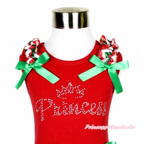 Xmas Red Tank Top With Sparkle Crystal Bling Princess Print with Red White Green Wave Ruffles & Kelly Green Bow T540 