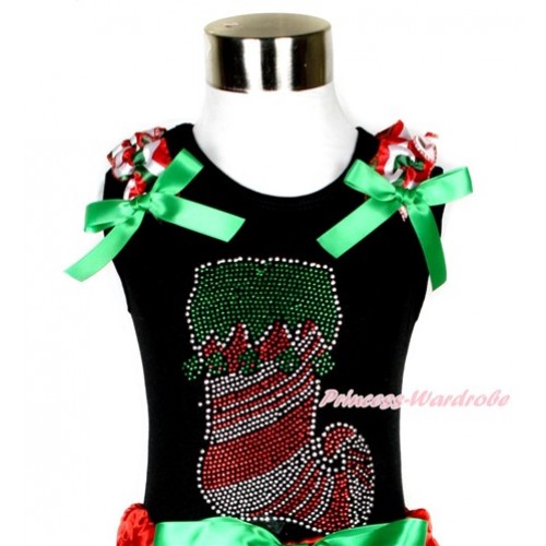 Xmas Black Tank Top With Red White Green Wave Ruffles & Kelly Green Bow With Sparkle Crystal Bling Christmas Stocking Print TB531 