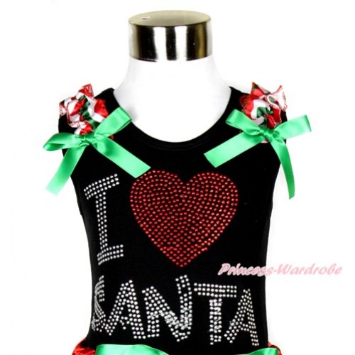 Xmas Black Tank Top With Red White Green Wave Ruffles & Kelly Green Bow With Sparkle Crystal Bling I Love Santa Print TB532 