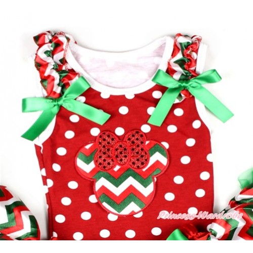 Minnie Dots Tank Top With Red White Green Wave Minnie Print with Red White Green Wave Ruffles & Kelly Green Bow TP174 