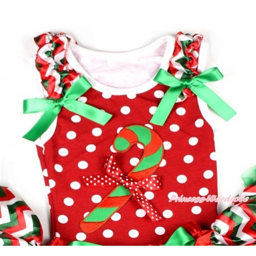 Xmas Minnie Dots Tank Top With Christmas Stick Print & Minnie Dots Bow with Red White Green Wave Ruffles & Kelly Green Bow TP176 