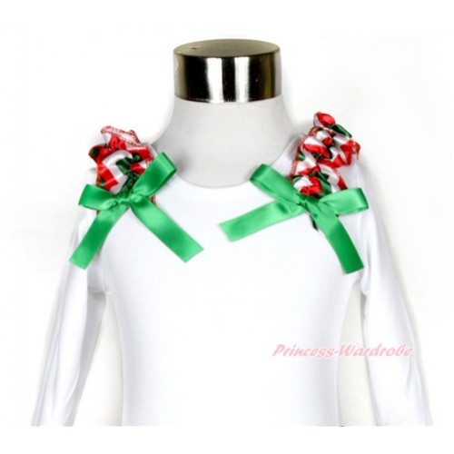 Xmas White Long Sleeve Top with Red White Green Wave Ruffles & Kelly Green Bow TW377 