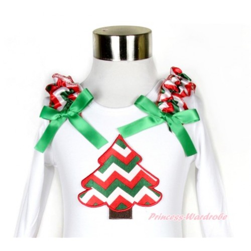 Xmas White Long Sleeves Top with Red White Green Wave Ruffles & Kelly Green Bow & Red White Green Wave Christmas Tree Print TW378 