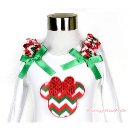 Xmas White Long Sleeves Top with Red White Green Wave Ruffles & Kelly Green Bow & Red White Green Wave Minnie Print TW379 