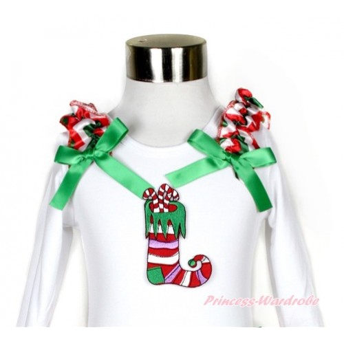 Xmas White Long Sleeves Top with Red White Green Wave Ruffles & Kelly Green Bow & Christmas Stocking Print TW380 