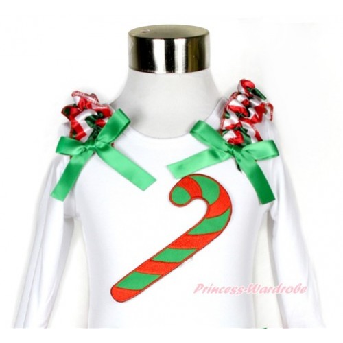 Xmas White Long Sleeves Top with Red White Green Wave Ruffles & Kelly Green Bow & Christmas Stick Print TW381 