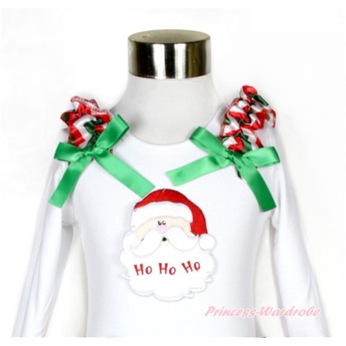 Xmas White Long Sleeves Top with Red White Green Wave Ruffles & Kelly Green Bow & Santa Claus Print TW382 