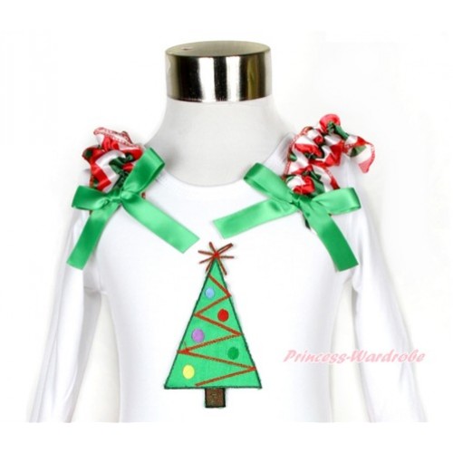 Xmas White Long Sleeves Top with Red White Green Wave Ruffles & Kelly Green Bow & Christmas Tree Print TW384 