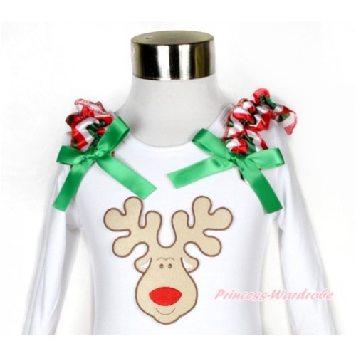 Xmas White Long Sleeves Top with Red White Green Wave Ruffles & Kelly Green Bow & Christmas Reindeer Print TW385 