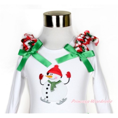 Xmas White Long Sleeves Top with Red White Green Wave Ruffles & Kelly Green Bow & Ice-Skating Snowman Print TW386 