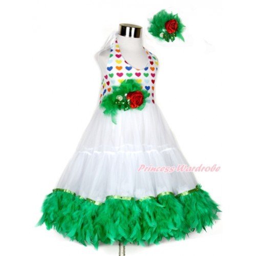 Xmas White Rainbow Heart ONE-PIECE Petti Dress with Kelly Green Posh Feather & Kelly Green Feather Crystal Rose Bow With Accessory 2PC Set LP36 