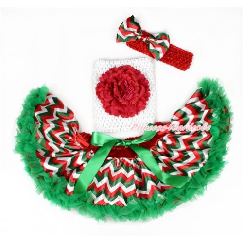 Xmas Red White Green Wave Baby Pettiskirt,Red Peony White Crochet Tube Top,Red Headband Red White Green Wave Satin Bow 3PC Set CT652 